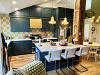 Beautiful modern kitchen with island a bar stools